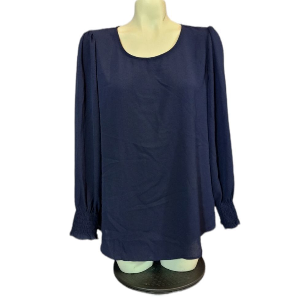 Adrianna Papell Navy Cuffed Bell Sleeve Blouse Size Medium